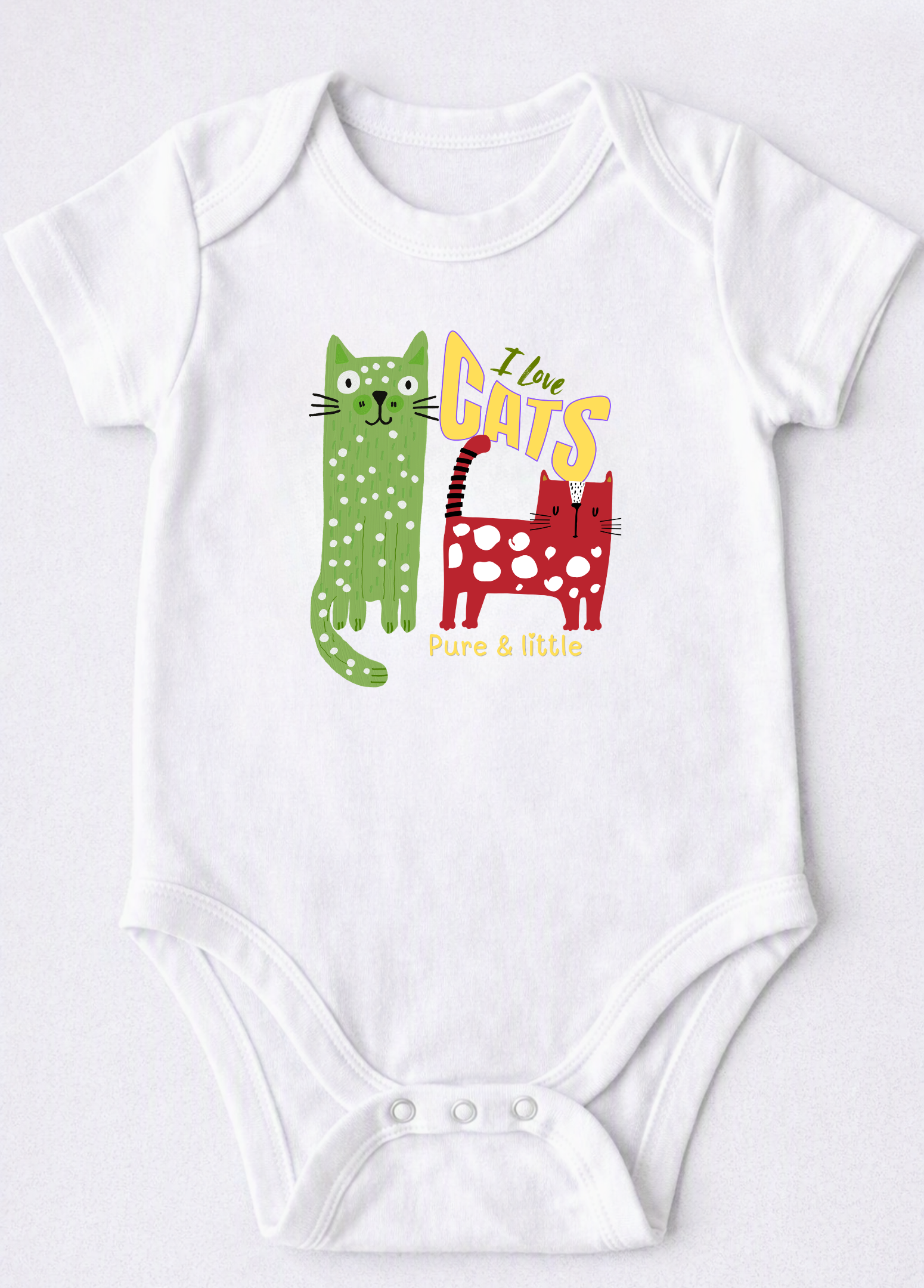 White short-sleeve baby bodysuit with a colorful graphic of two cats and the text 'I love CATS Pure & little' printed on the chest.