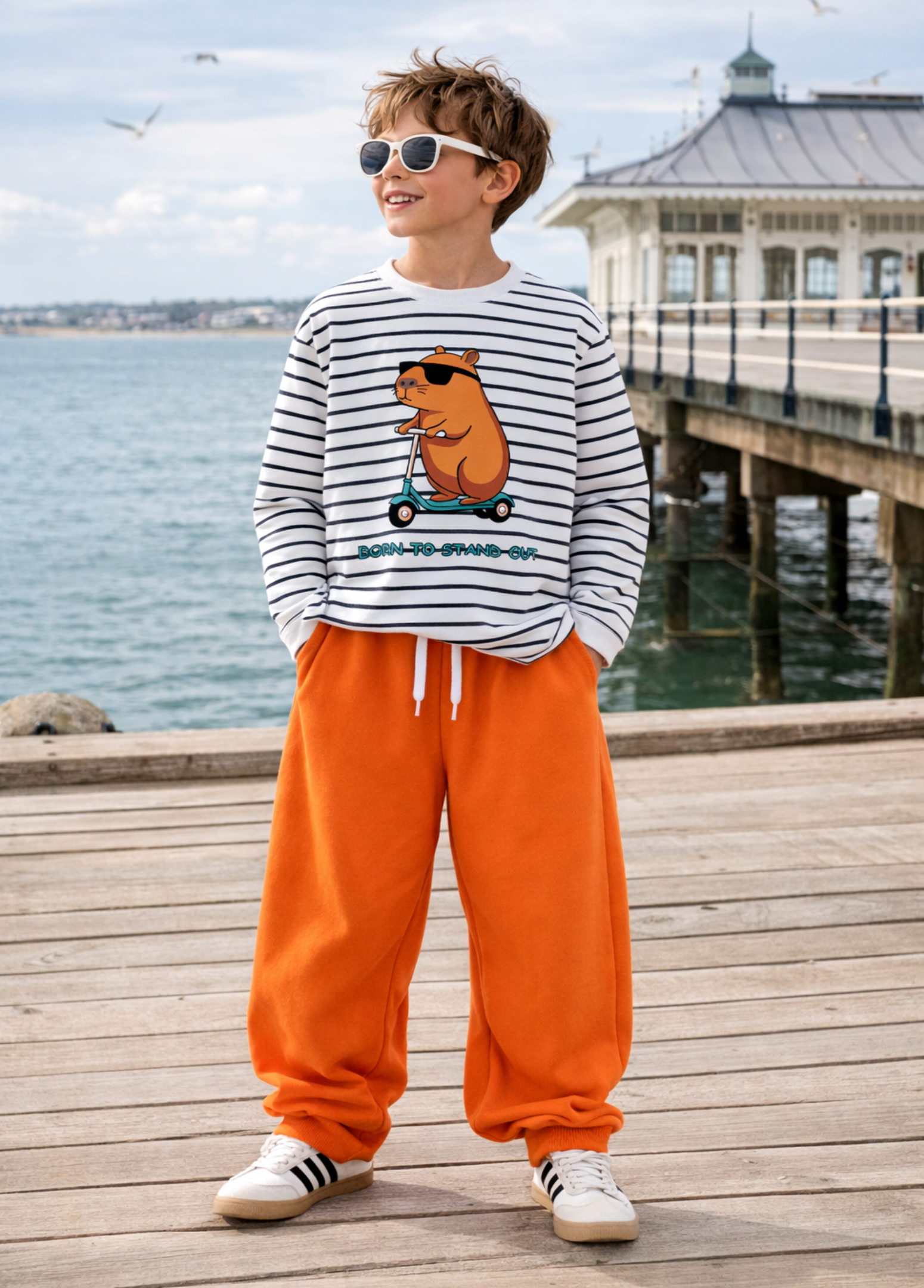Child wearing a striped sweater with a bear graphic and orange pants standing on a wooden dock by water.