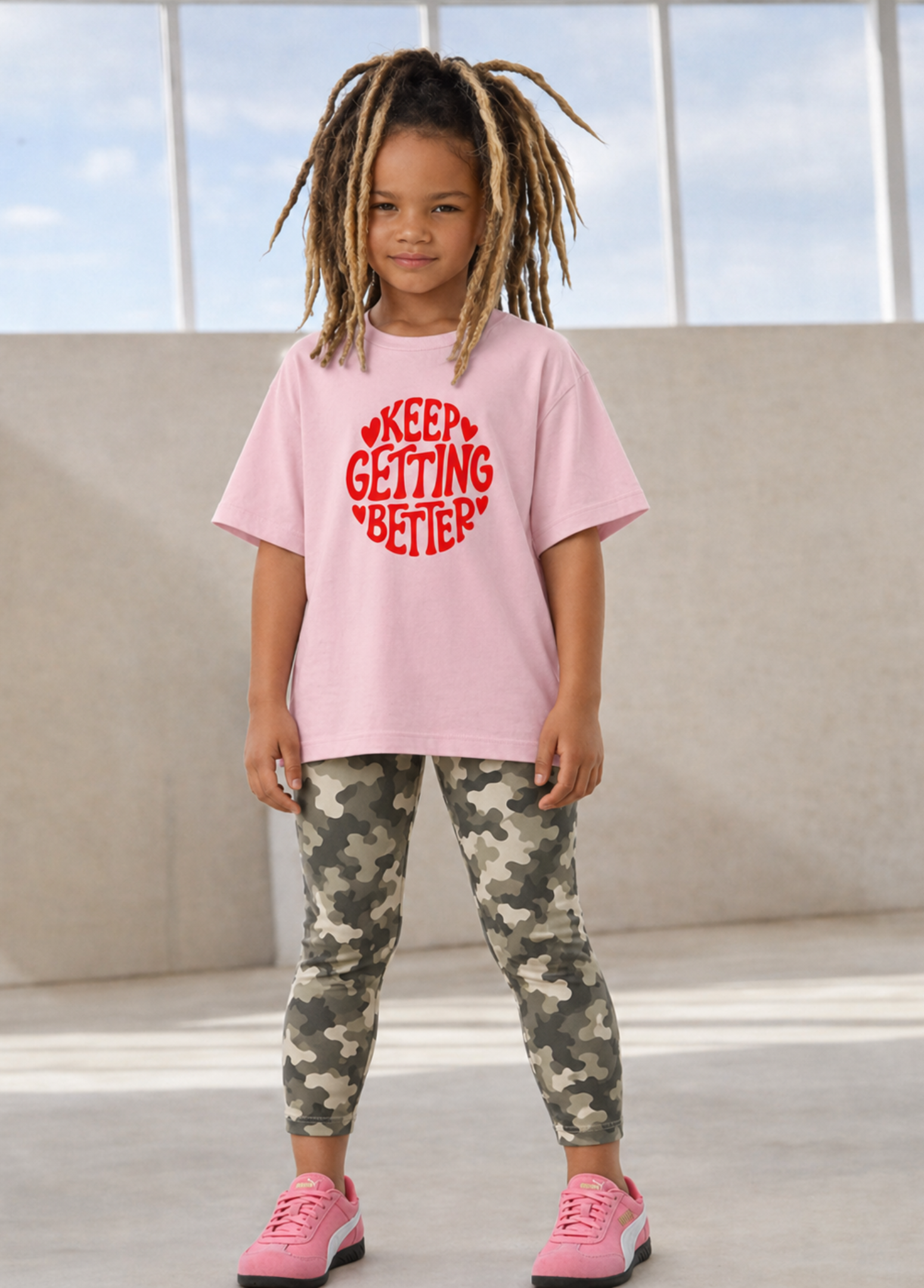 Child wearing a pink 'Keep Getting Better' t-shirt with camouflage leggings and pink shoes, standing in a room with large windows.
