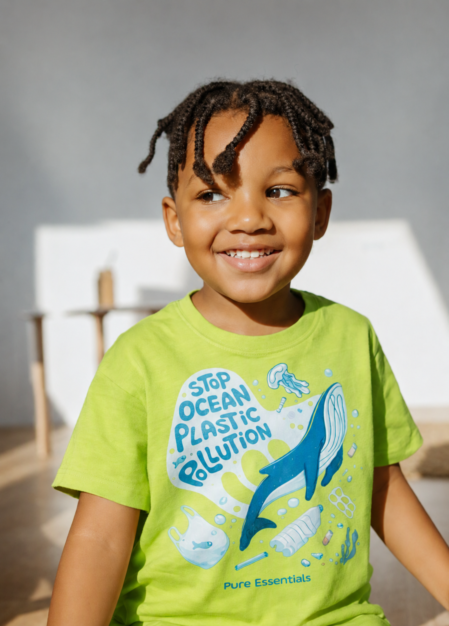A smiling young boy with braided hair wearing a bright lime green t-shirt with a blue ocean-themed graphic that reads 'STOP OCEAN PLASTIC POLLUTION' and 'Pure Essentials'.