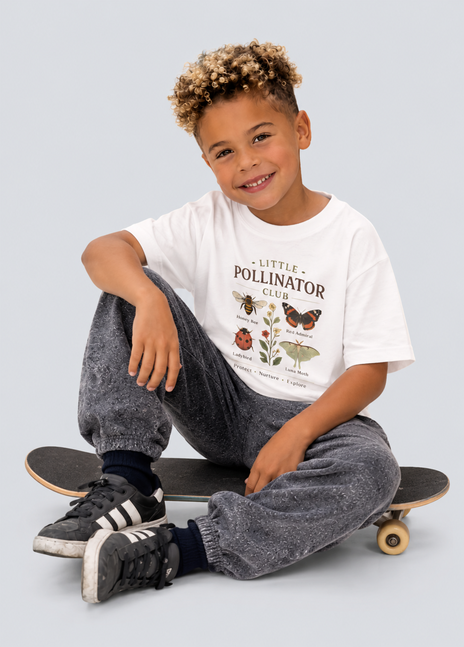 Child sitting on a skateboard wearing a white t-shirt with a graphic design and dark pants.