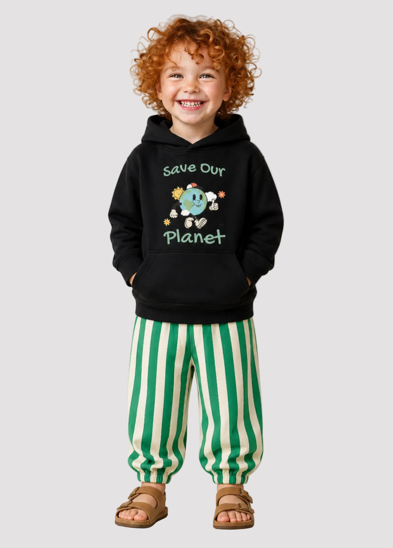 Child wearing a black hoodie with 'Save Our Planet' text and green striped pants on a gray background
