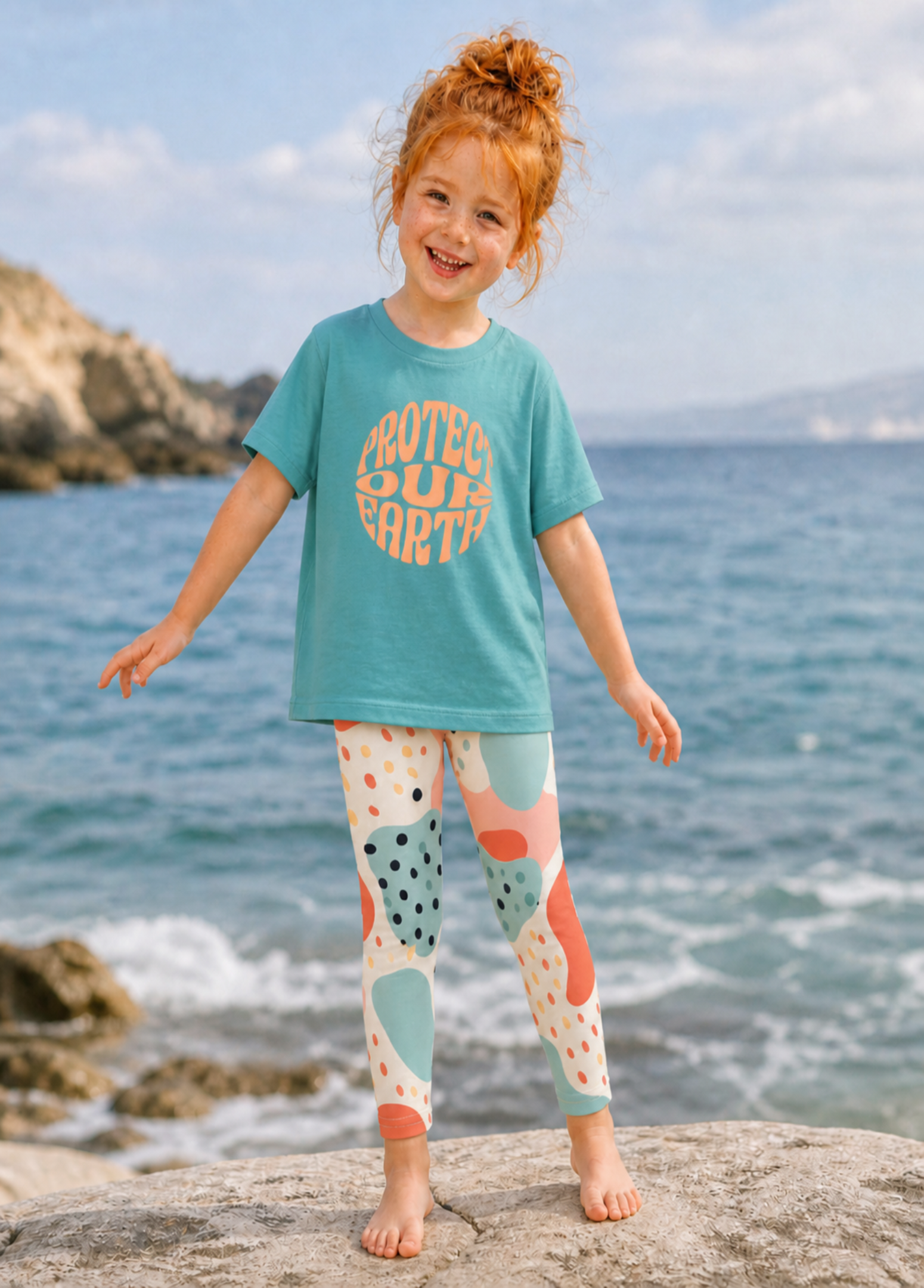 Child wearing a 'Protect Our Earth' t-shirt and colorful leggings standing on rocks by the ocean.