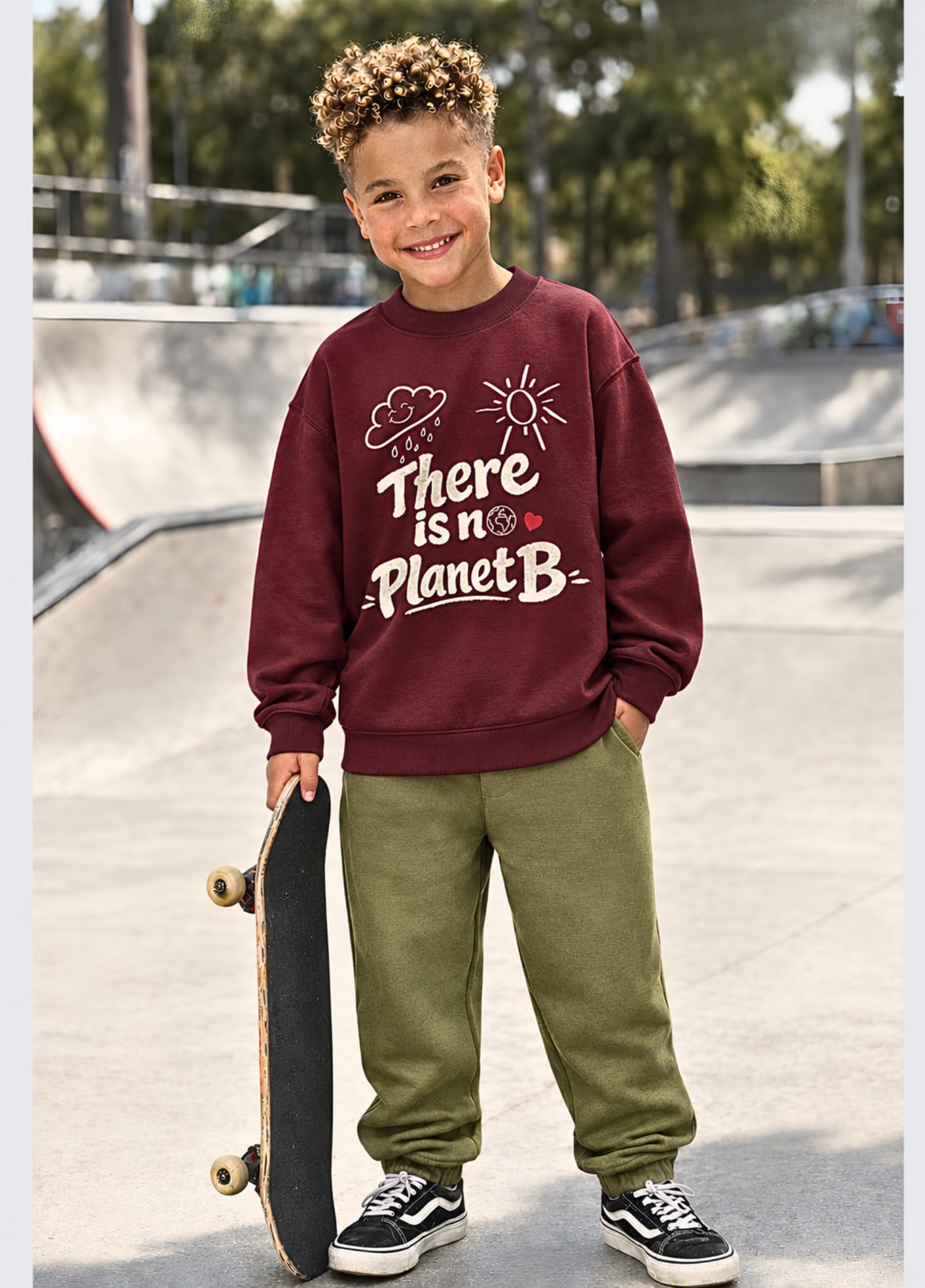 A smiling young boy stands at an outdoor skatepark holding a skateboard. He is wearing a maroon crewneck sweatshirt with a white graphic that reads 'There is no Planet B' with a cloud and sun illustration, olive green sweatpants, and black and white Vans sneakers.