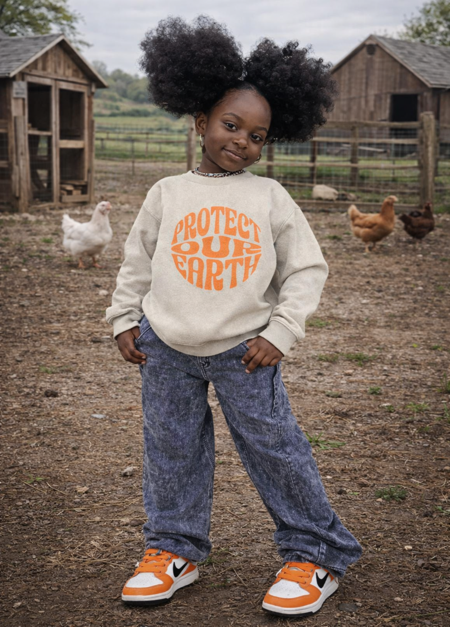 Child wearing a 'Protect Our Earth' sweatshirt in an outdoor setting with chickens.