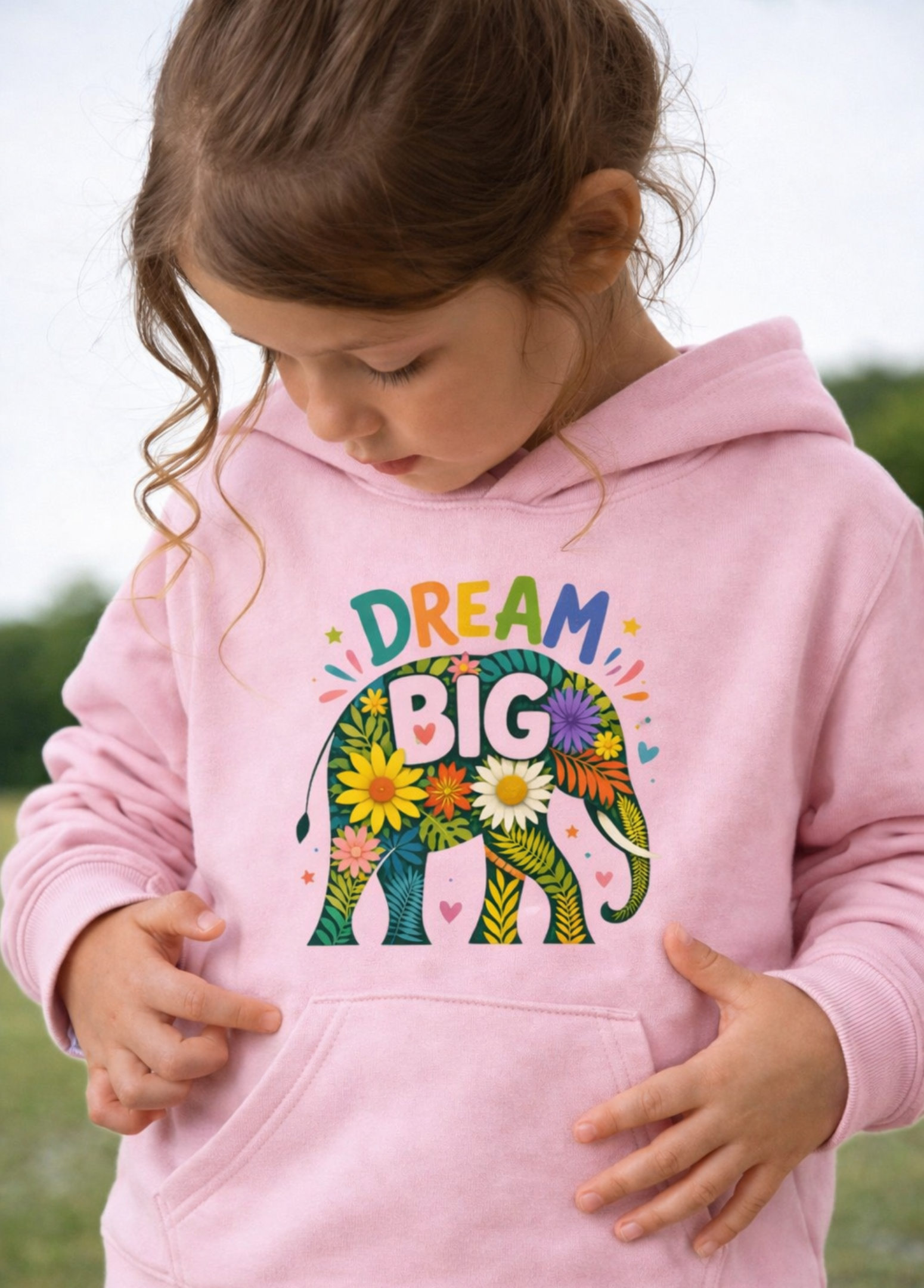 Child wearing a pink hoodie with a colorful elephant design and 'Dream Big' text.