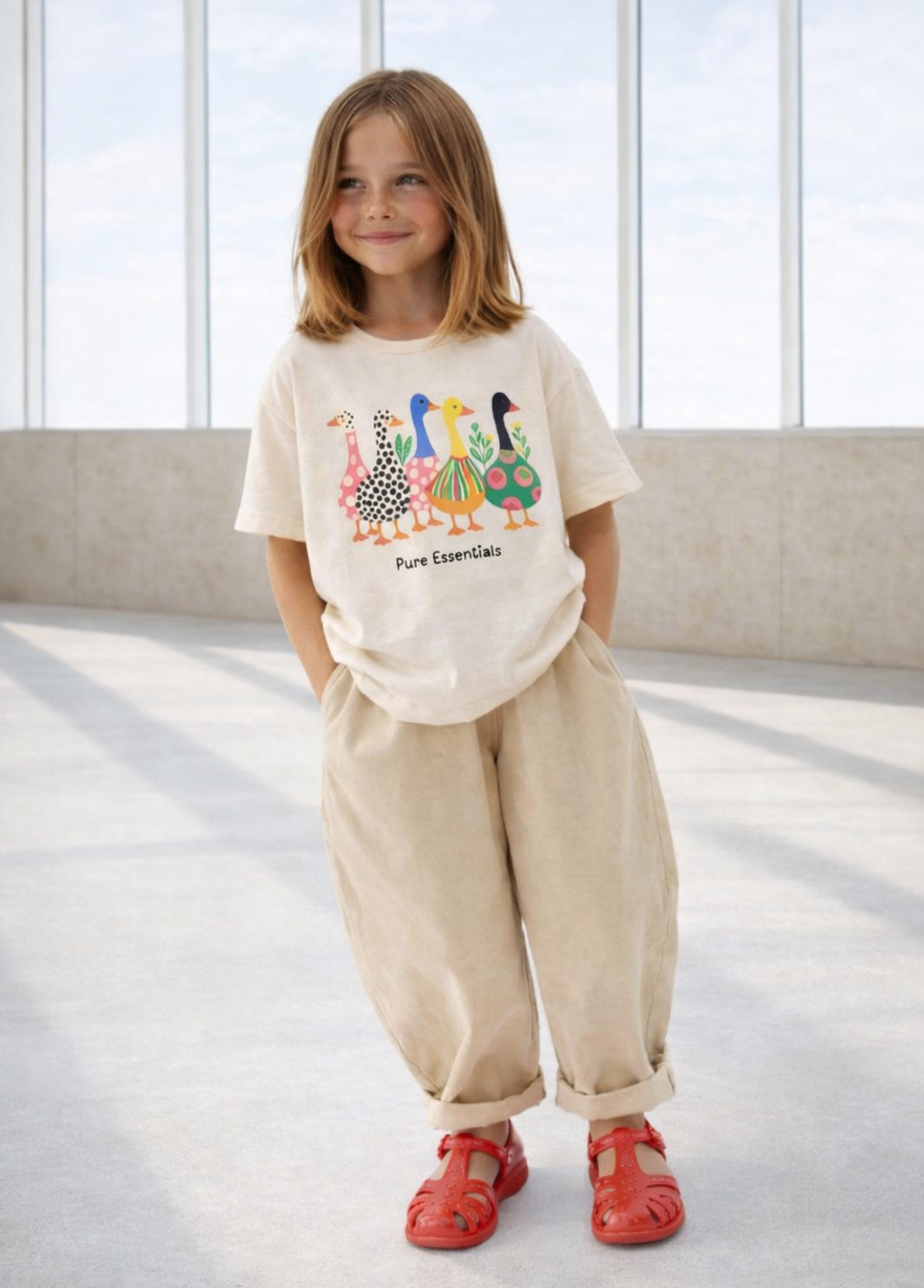 A young girl stands in a bright, modern room wearing a cream-colored t-shirt with a colorful duck graphic and the text 'Pure Essentials', paired with beige wide-leg pants and red sandals.