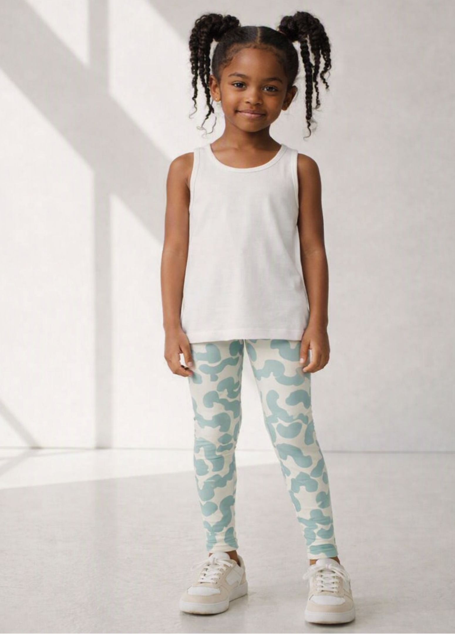 A young girl with braided pigtails stands in a bright studio wearing a white sleeveless top and light blue camouflage leggings with white sneakers. A small 'Made with AI' label appears in the top right corner.