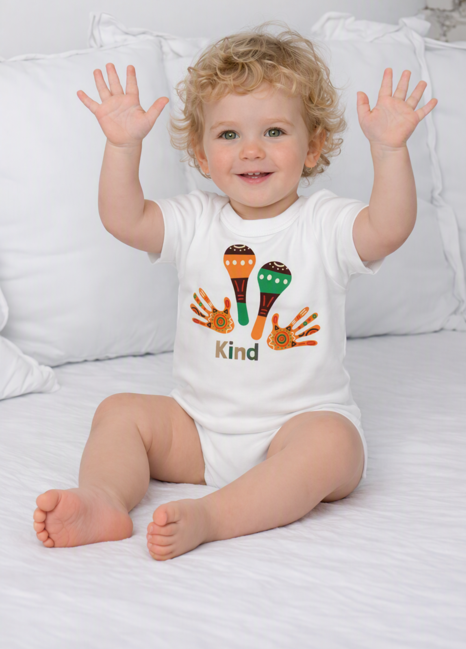 A smiling baby with curly blonde hair sits on a white bed with white pillows, wearing a white short-sleeve bodysuit with a colorful graphic of two ice cream cones, handprints, and the word 'Kind'. A 'Made with AI' badge is visible in the top right corner.