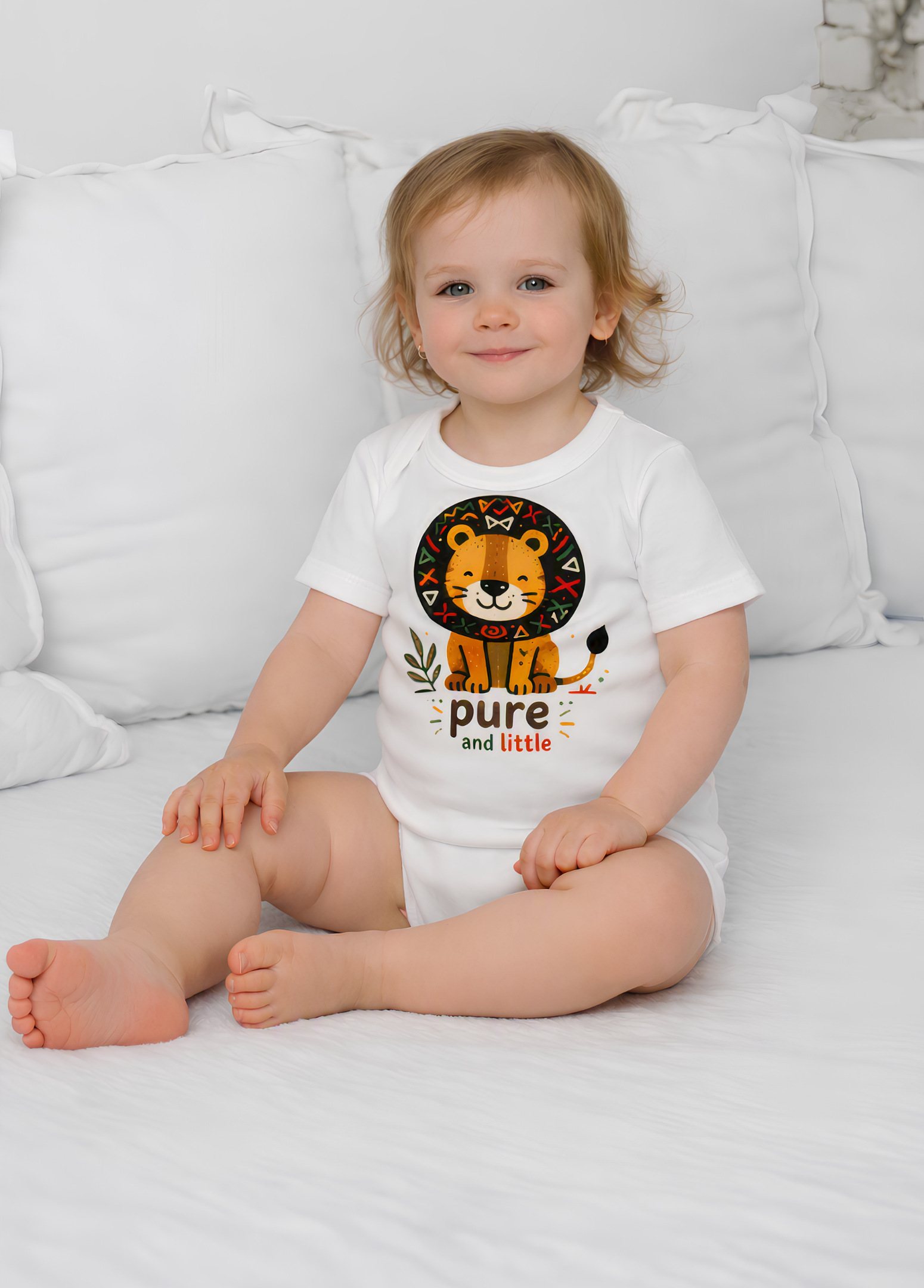 A baby sitting on a white bed wearing a white short-sleeve bodysuit with a colorful cartoon lion graphic and the words 'pure and little' on the front.