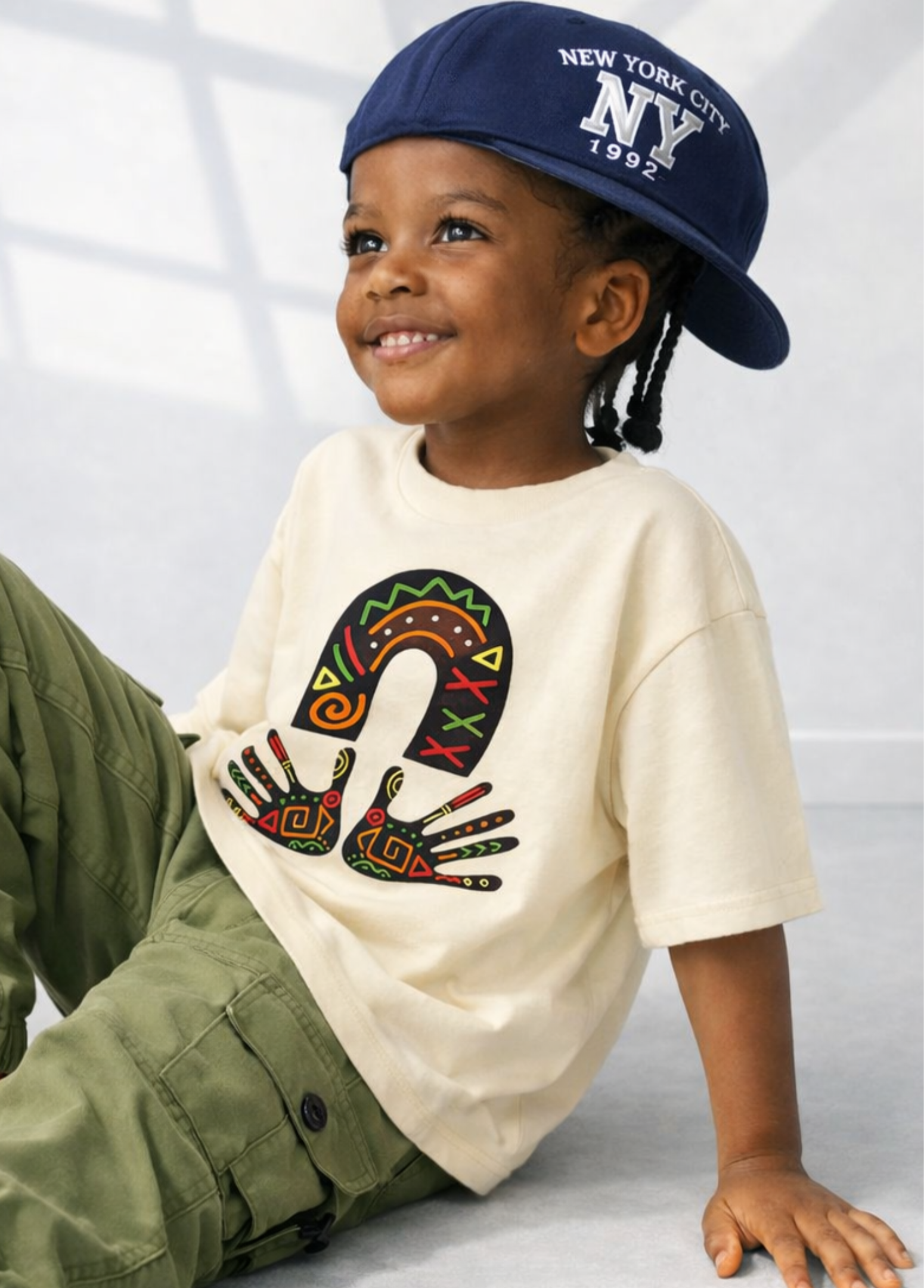 Child wearing a cream t-shirt with a colorful design and a blue cap with 'New York City' text.