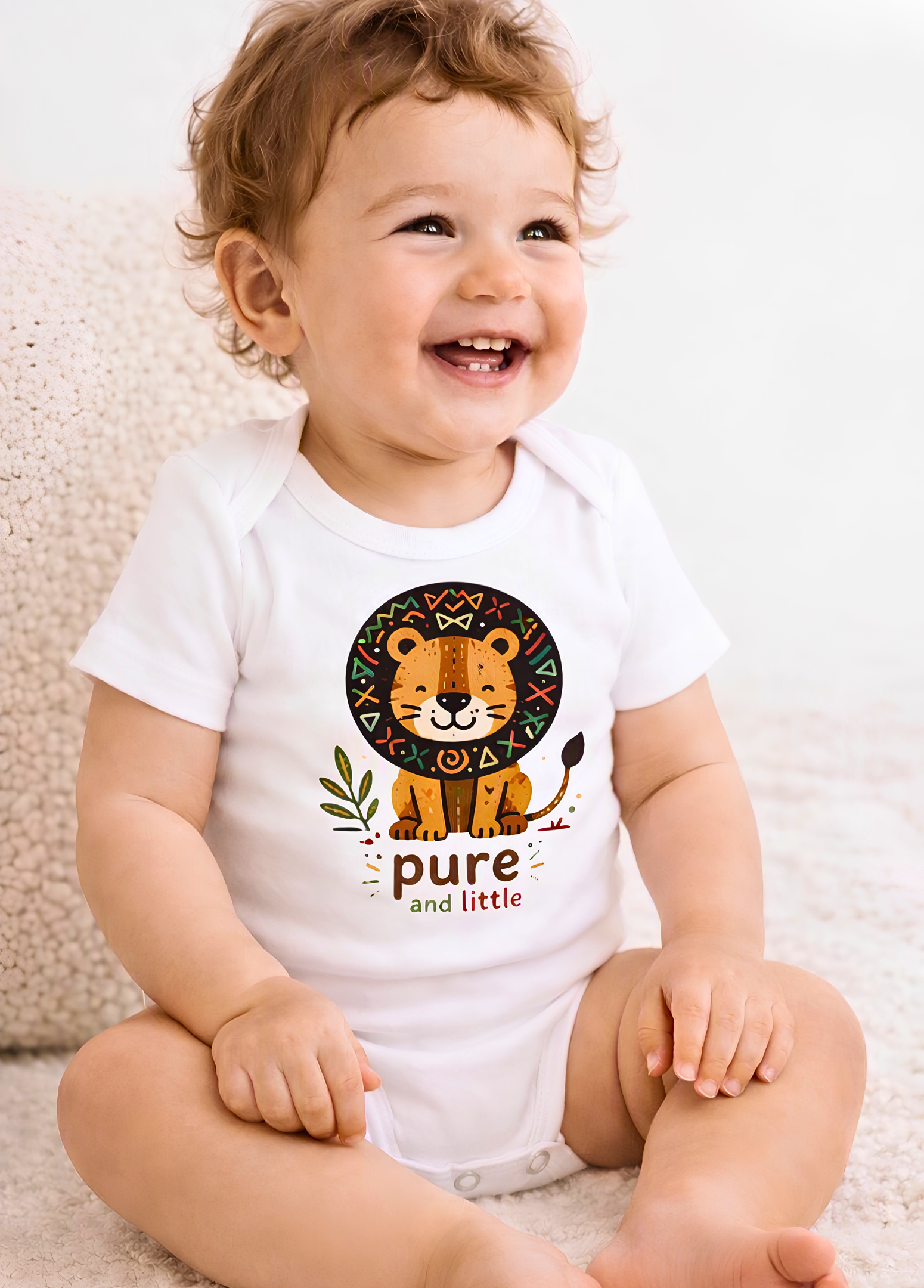 A smiling baby sitting on a soft cream-colored surface, wearing a white short-sleeve bodysuit with a colorful cartoon lion graphic and the words 'pure and little' on the front.